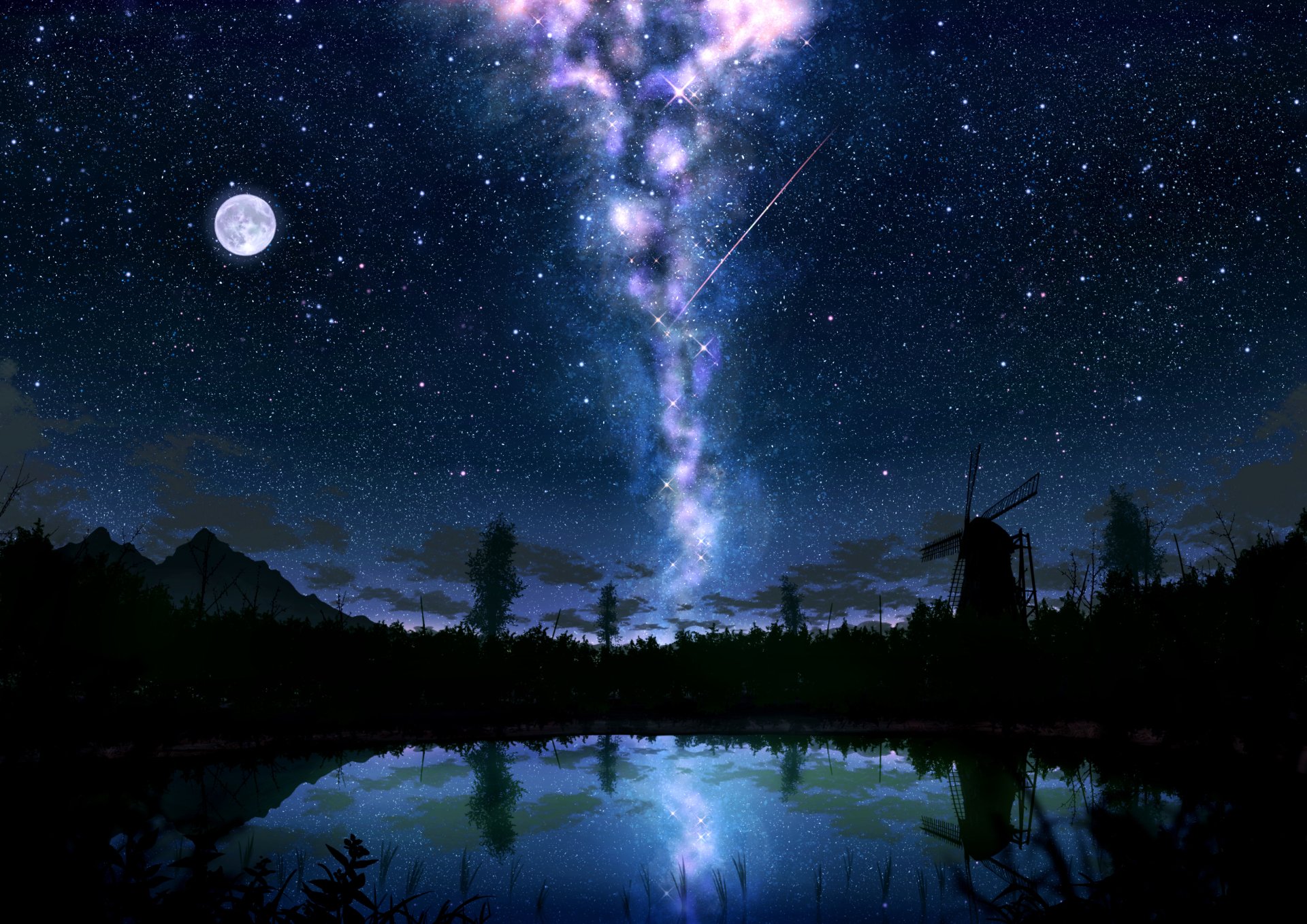 Anime-style HD wallpaper featuring a serene night scene with a bright moon, shooting star, and a starry sky reflecting on a lake, with a silhouette of a windmill in the distance.