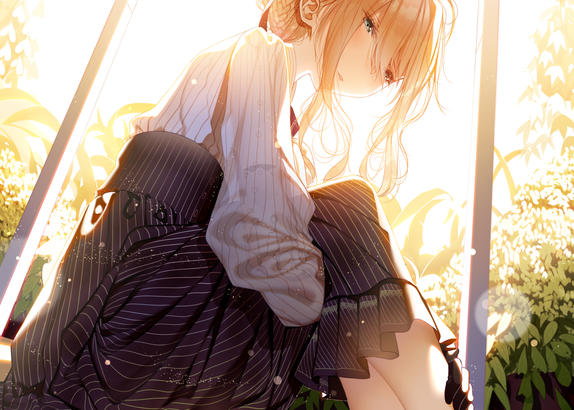 HD desktop wallpaper featuring Violet Evergarden, an anime character, sitting in a serene setting with warm sunlight filtering through the foliage.