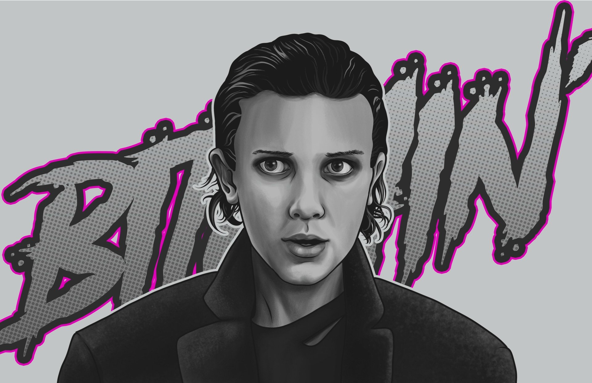 HD desktop wallpaper of Eleven from Stranger Things Season 2, portrayed by Millie Bobby Brown. The background includes stylized text with a dynamic design.