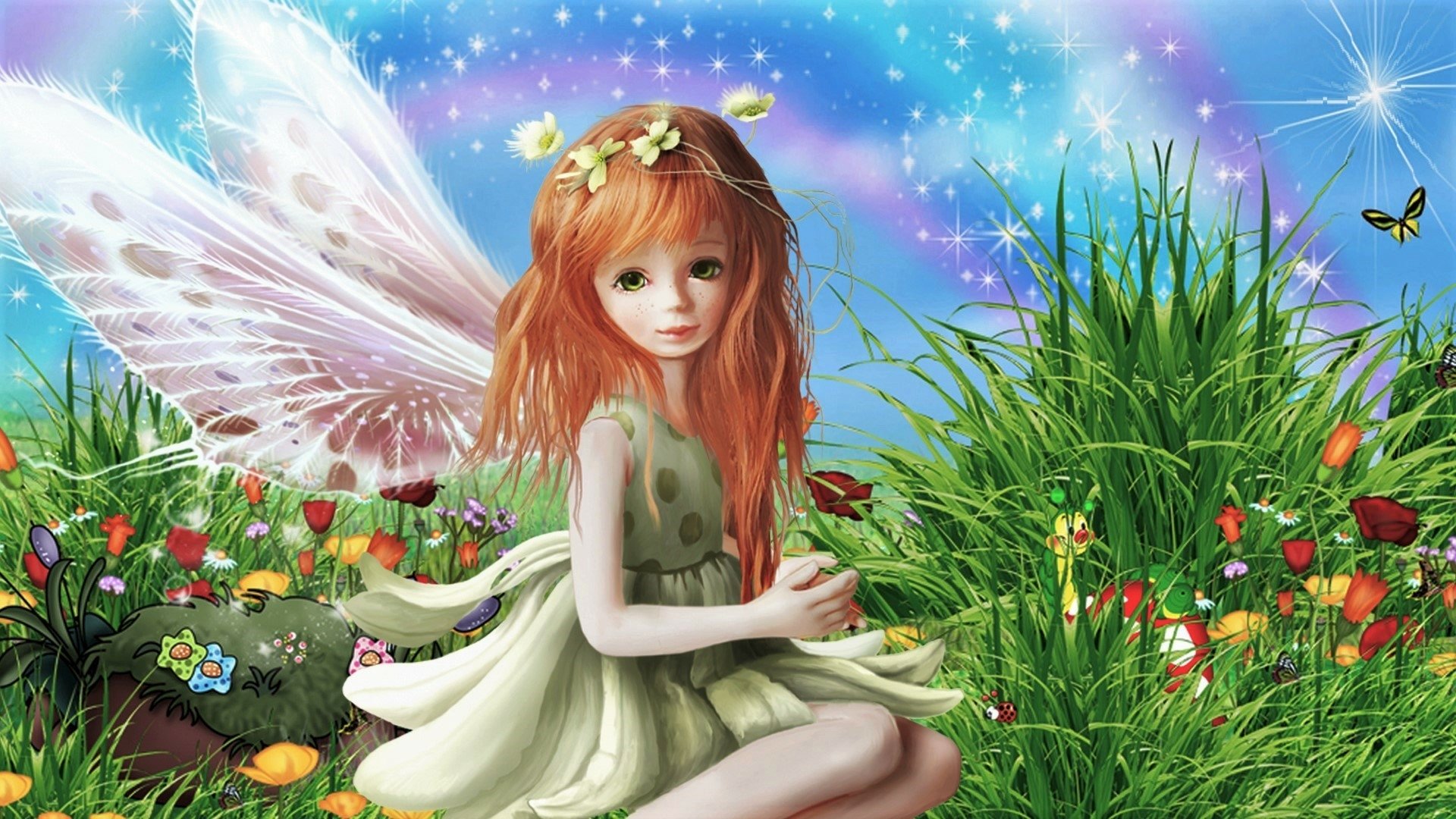 Download Wings Flower Grass Little Girl Fantasy Fairy  HD Wallpaper