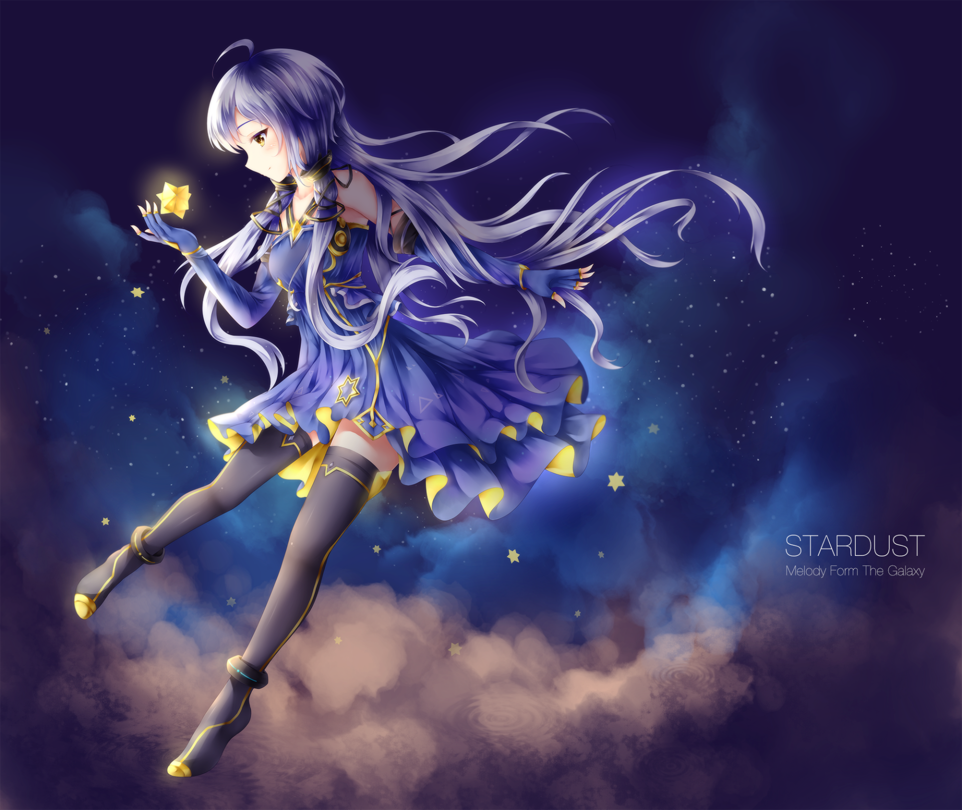 Stardust (Vocaloid) anime girl in a flowing blue dress floats among stars, holding a glowing star against a deep-night sky — HD PC desktop wallpaper and Vocaloid background.