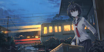 Anime original HD PC desktop wallpaper and background: schoolgirl in uniform waits in rain at an illuminated train platform, suitcase by her side, moody evening cityscape.