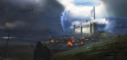 A sci-fi fantasy battle scene with a knight, trebuchet, and burning town under a glowing force field protecting a futuristic castle, presented as an HD PC desktop wallpaper.