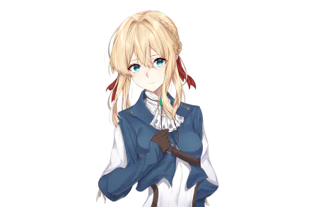 HD anime wallpaper featuring Violet Evergarden, the character from the series, depicted with blonde hair, blue eyes, and her signature blue and white outfit.