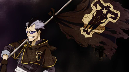 HD desktop wallpaper featuring Magna Swing from the anime Black Clover, holding a staff with a large, intricately designed flag in the background.