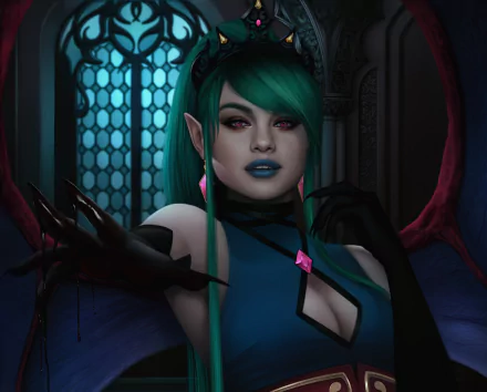 A fantasy succubus with long green hair, pointed ears, pink eyes, and bold lipstick poses confidently against a dark, gothic background in this HD desktop wallpaper.