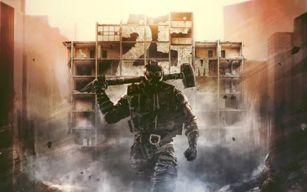4K Ultra HD PC wallpaper featuring a tactical operator from Tom Clancy's Rainbow Six: Siege, standing confidently in front of a damaged building with 25M graffiti.