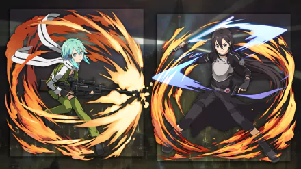 HD desktop wallpaper featuring Kirito and Sinon from Sword Art Online, dynamically posed with vivid action elements. Tags: Sword Art Online II, Gun Gale Online, Memory Defrag, anime background.