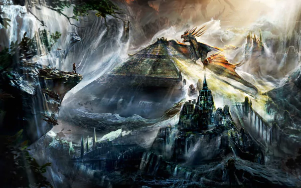 5K Ultra HD PC desktop wallpaper: a dark fantasy scene with a towering pyramid, misty waterfalls, jagged citadel and a winged dragon soaring above.