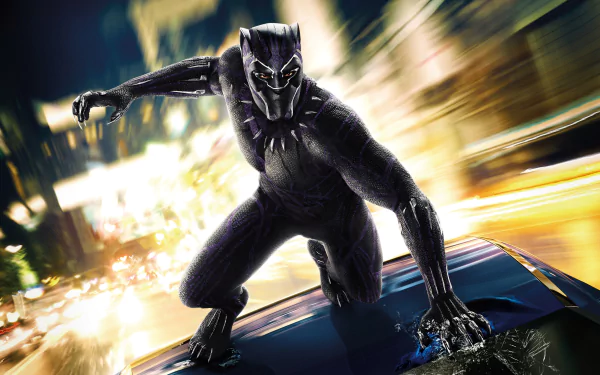 HD desktop wallpaper featuring Black Panther from Marvel Comics, crouching on a vehicle in a dynamic city background.