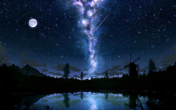 Anime-style HD wallpaper featuring a serene night scene with a bright moon, shooting star, and a starry sky reflecting on a lake, with a silhouette of a windmill in the distance.