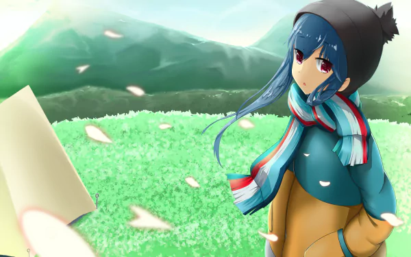 HD PC desktop wallpaper featuring Rin Shima from the anime Laid-Back Camp, standing in a grassy field with mountains and cherry blossom petals in the background.