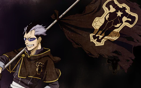 HD desktop wallpaper featuring Magna Swing from the anime Black Clover, holding a staff with a large, intricately designed flag in the background.