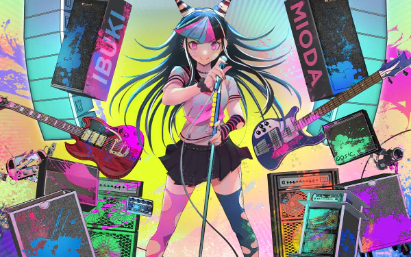 HD desktop wallpaper featuring Ibuki Mioda from the video game Danganronpa 2: Goodbye Despair, surrounded by musical instruments and colorful backgrounds.