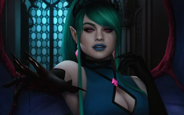 lipstick long hair green hair pointed ears pink eyes fantasy succubus HD Desktop Wallpaper | Background Image