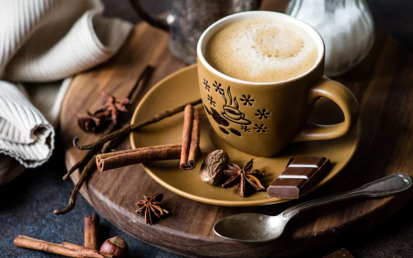 A warm cup of coffee surrounded by star anise, cinnamon sticks, chocolate pieces, and whole nutmeg, arranged as a cozy still life on a wooden surface.