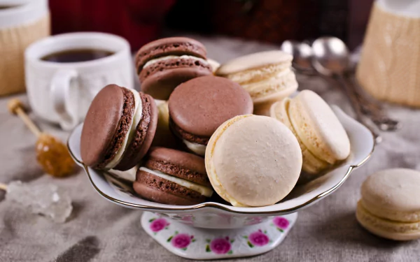 A 4K Ultra HD still life of assorted macarons on a decorative plate with a cup of coffee and blurred background, highlighting sweets and food in a cozy setting.
