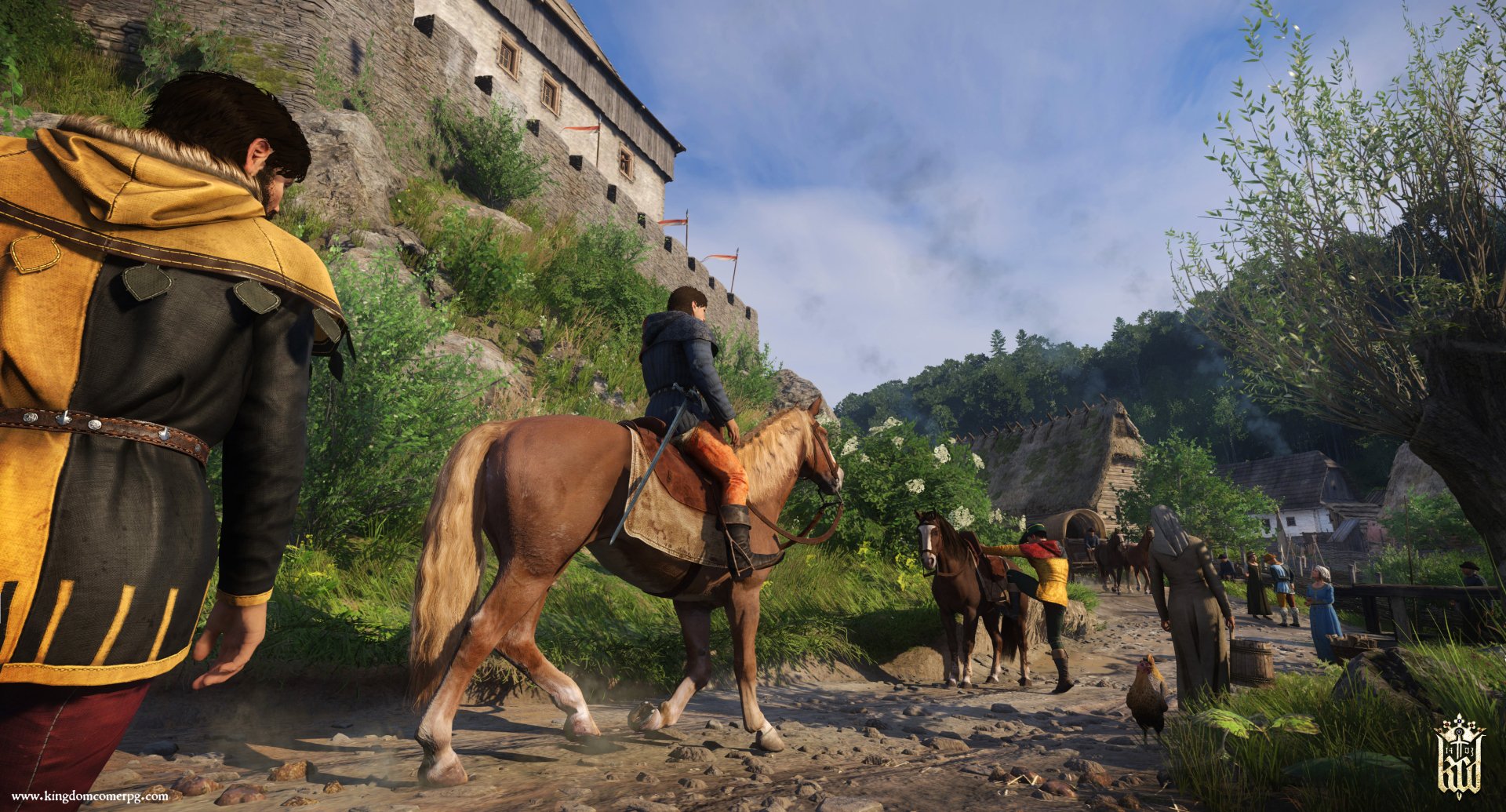 HD PC desktop wallpaper from the video game Kingdom Come: Deliverance, showing characters and horses near a medieval castle in a lush, detailed landscape.