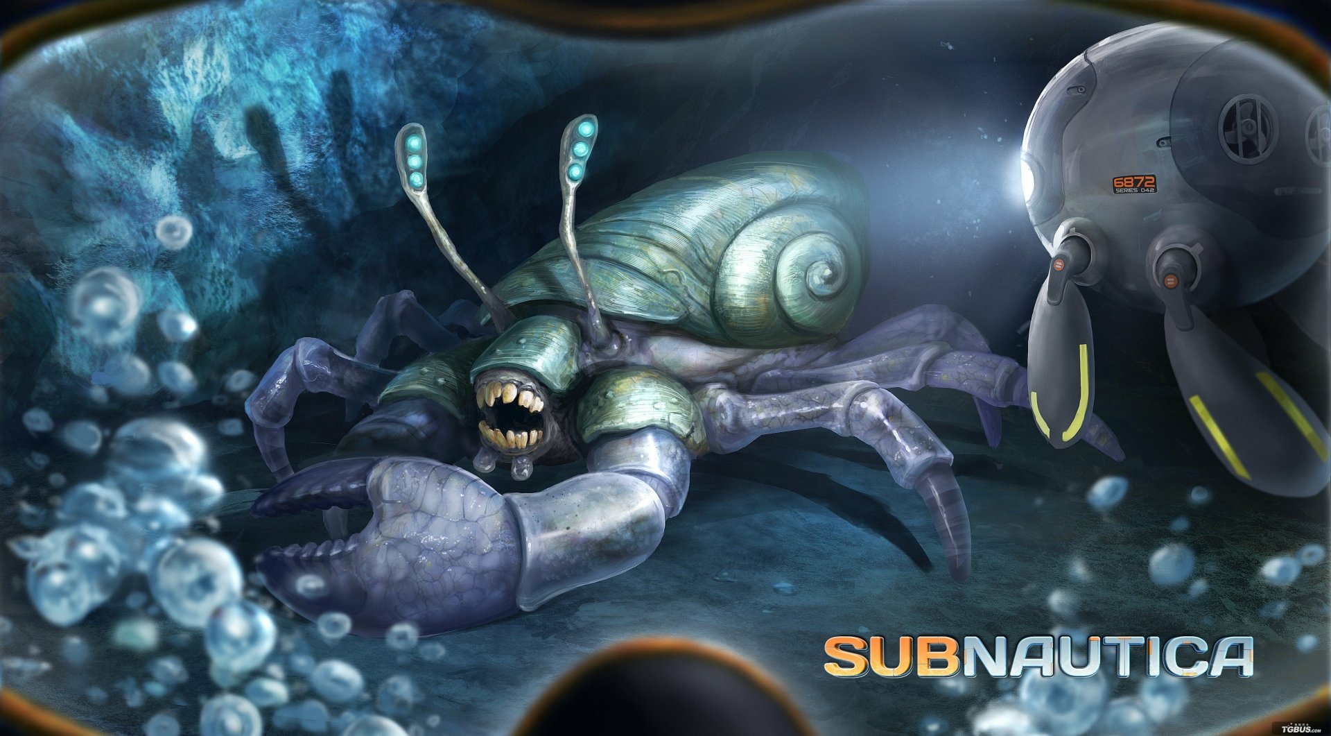 HD PC desktop wallpaper featuring a detailed underwater creature from the video game Subnautica, showcasing a blend of marine and robotic elements.