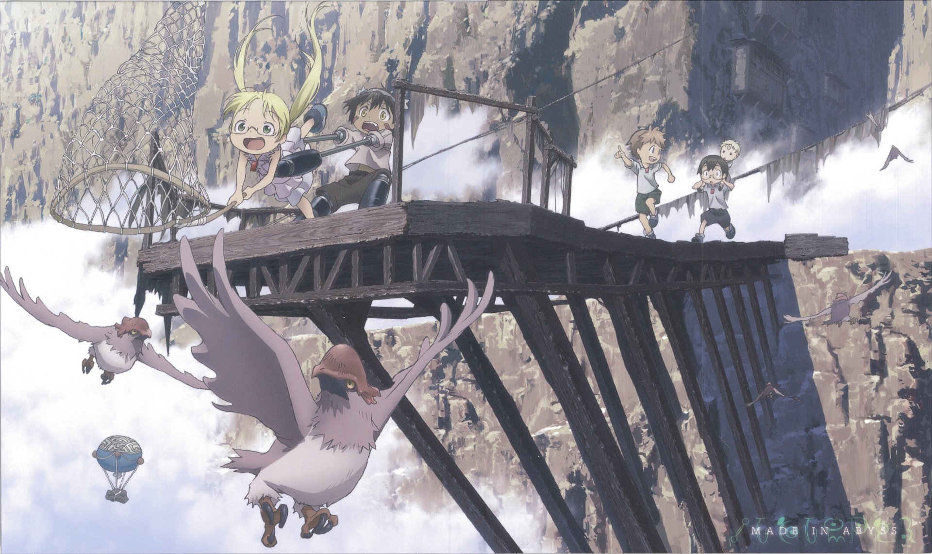 Anime desktop wallpaper featuring characters from Made in Abyss. Shows a thrilling scene on a bridge with flying creatures and dramatic cliffs in the background.