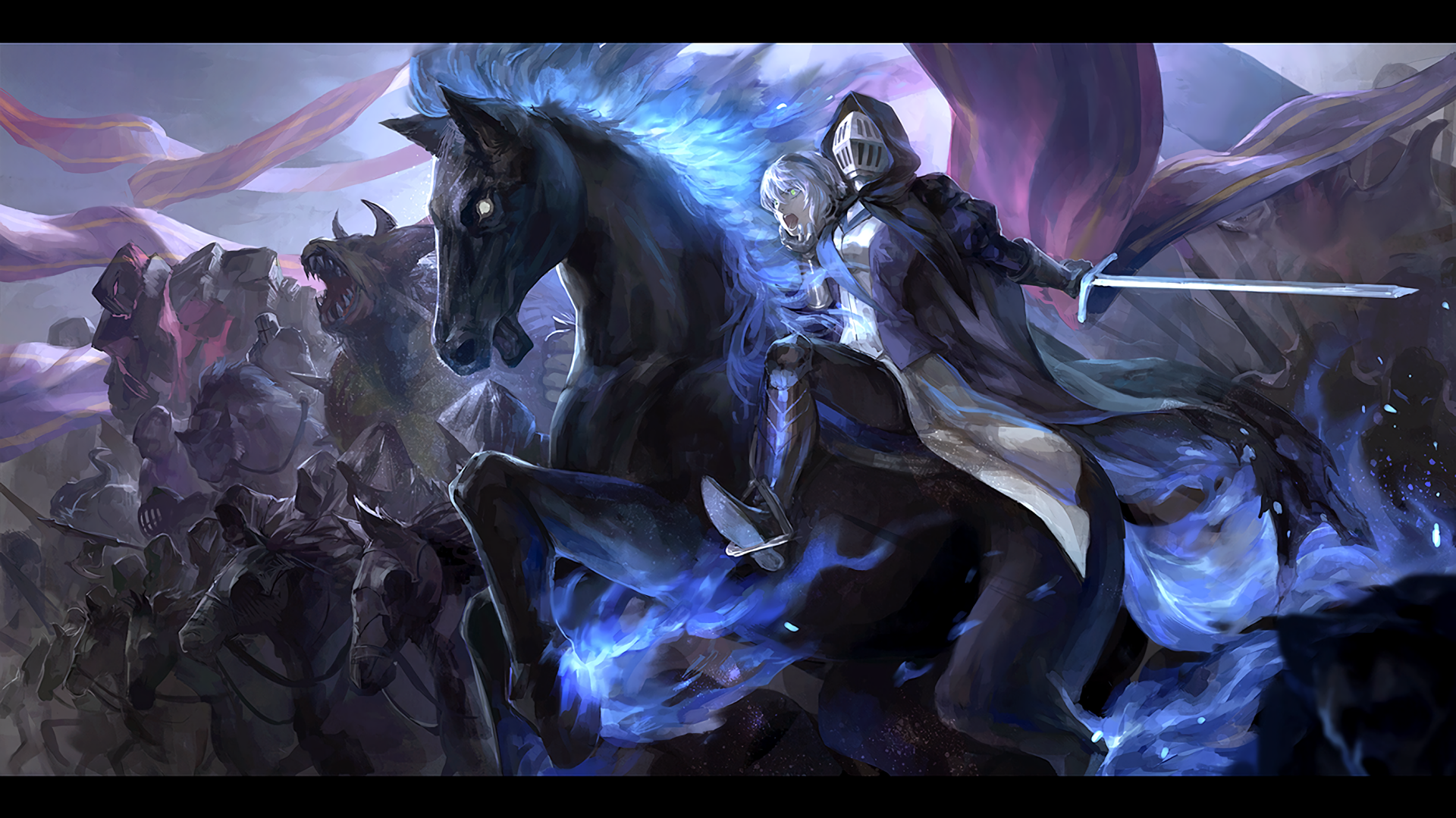 Dark anime-themed HD desktop wallpaper featuring a knight clad in armor on a glowing black horse, set against a shadowy battlefield inspired by Monster Girl Encyclopedia.