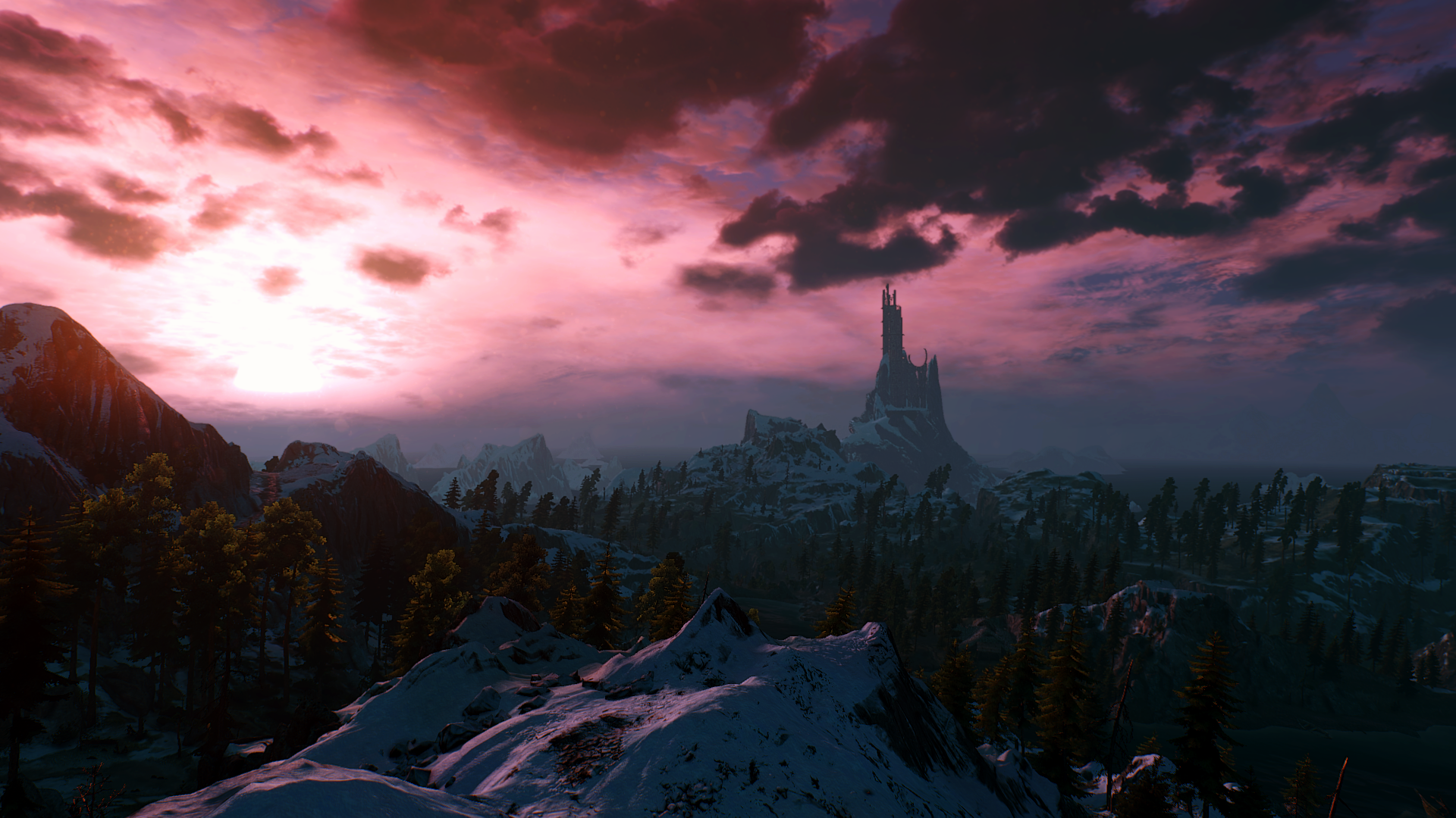 HD PC desktop wallpaper from The Witcher 3: Wild Hunt, showcasing a dark, moody landscape with a castle silhouetted against a vivid purple and pink sunset sky.