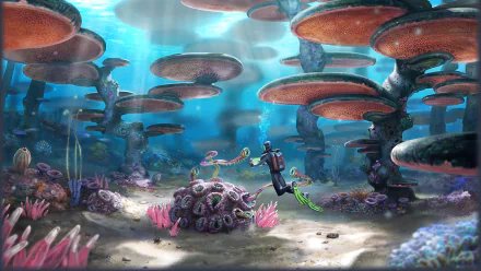 HD desktop wallpaper featuring an underwater scene from the video game Subnautica. The image depicts a diver exploring a vibrant, alien coral landscape with colorful marine life and large, mushroom-like structures.