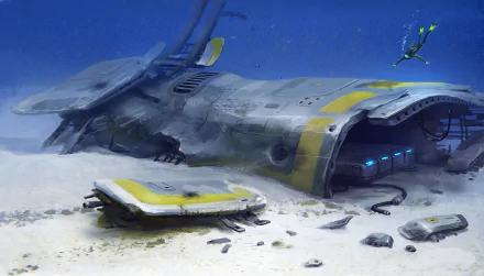 HD PC desktop wallpaper from the video game Subnautica, featuring a submerged futuristic wreck on the ocean floor with a diver exploring nearby.