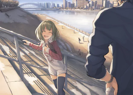 HD PC wallpaper featuring Subaru Nagayoshi from THE iDOLM@STER: Million Live! smiling on outdoor stairs with a sunny cityscape in the background.