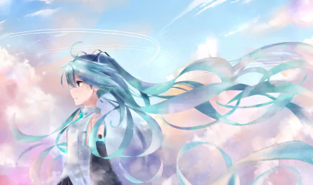 Hatsune Miku anime Vocaloid in flowing teal twin-tails against pastel clouds and an airy sky — 2K Quad HD PC desktop wallpaper and background.