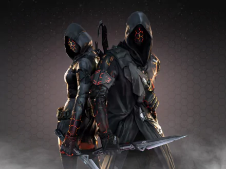HD desktop wallpaper featuring a woman warrior holding a knife and another warrior, both in dark, hooded outfits from the video game CrossFire.