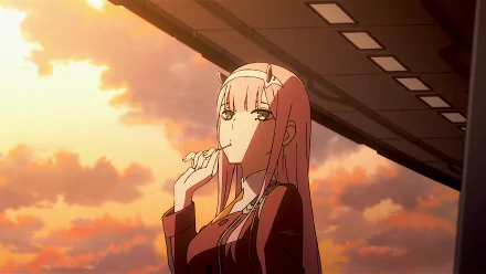 Zero Two from Darling in the FranXX with pink hair stands against a sunset sky in this HD anime wallpaper.