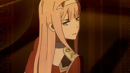 Anime character Zero Two from Darling in the FranXX with pink hair, green eyes, and horns, wearing a military uniform. HD desktop wallpaper background.