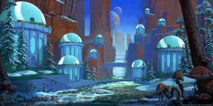 HD PC desktop wallpaper showcasing a fantastical cityscape with dome-topped buildings surrounded by snow-covered trees and rocky cliffs under a distant planet-lit sky.