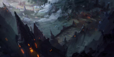 Dark, atmospheric 4K Ultra HD landscape of a village and castle with glowing windows set amidst mist and rocky terrain, creating a mysterious, moody scene.