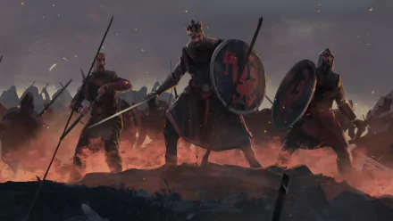 HD PC desktop wallpaper for the video game Total War Saga: Thrones of Britannia — a crowned warlord leads shielded warriors across a fiery, smoke-choked battlefield.