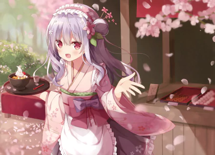 Anime, Original: A HD desktop wallpaper featuring an anime girl with purple hair in traditional attire, standing amidst cherry blossoms while holding a tray with a dessert.
