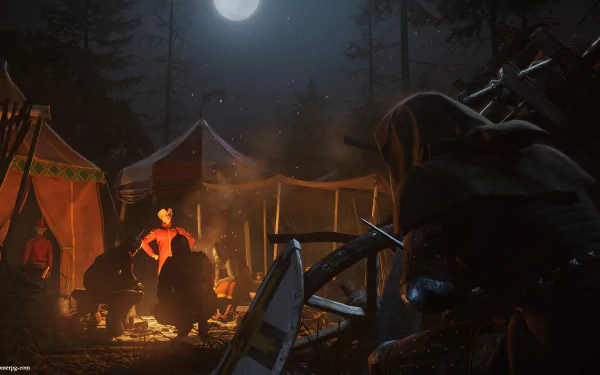 HD PC desktop wallpaper featuring a nighttime camp scene from the video game Kingdom Come: Deliverance, illuminated by a campfire and moonlight in a forest setting.