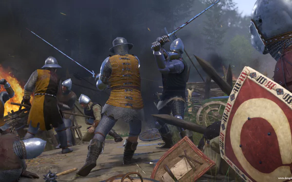 4K Ultra HD PC desktop wallpaper of the video game Kingdom Come: Deliverance — armored medieval soldiers clash with swords and shields amid campfires and drifting smoke.