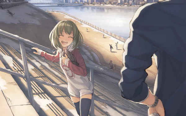 HD PC wallpaper featuring Subaru Nagayoshi from THE iDOLM@STER: Million Live! smiling on outdoor stairs with a sunny cityscape in the background.