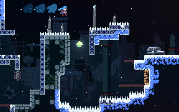 HD desktop wallpaper featuring a scene from the game Celeste, with snowy platforms and a night-time mountainous backdrop.
