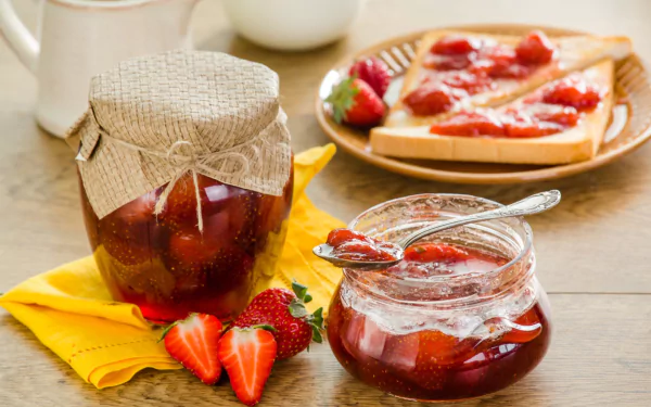 HD desktop wallpaper featuring a still life of fresh strawberries and homemade strawberry jam in jars, with a wooden spoon and a plate of jam-topped bread.