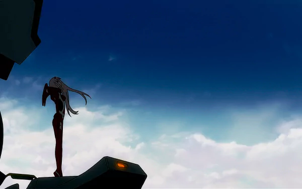 Anime character Zero Two from Darling in the FranXX stands silhouetted against a vibrant sky with clouds. The HD desktop wallpaper captures an ethereal moment.