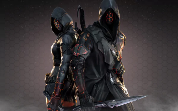 HD desktop wallpaper featuring a woman warrior holding a knife and another warrior, both in dark, hooded outfits from the video game CrossFire.