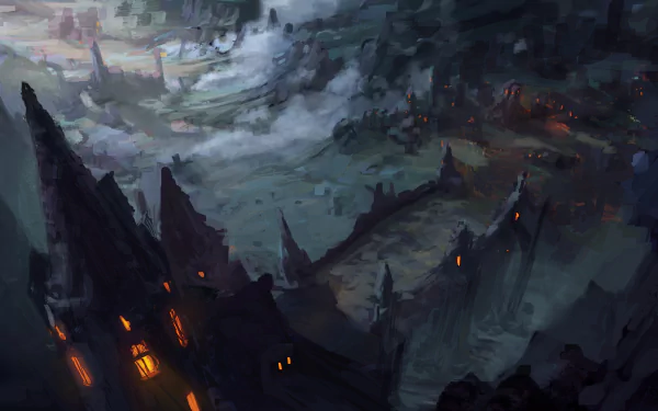 Dark, atmospheric 4K Ultra HD landscape of a village and castle with glowing windows set amidst mist and rocky terrain, creating a mysterious, moody scene.