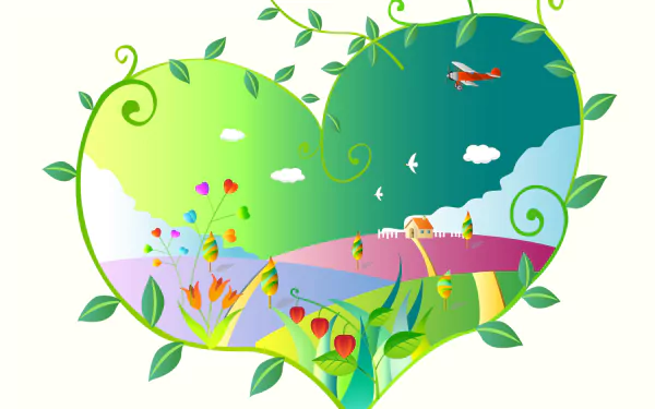 Artistic heart-shaped Earth with vibrant landscapes, plants, and a plane flying above, celebrating Earth Day as an HD PC desktop wallpaper and background.