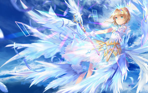 HD desktop wallpaper of Sakura Kinomoto from Cardcaptor Sakura. The anime character is depicted in a vibrant, ethereal setting with flowing white feathers and magical cards.