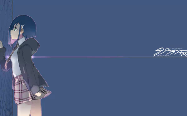 Anime character Ichigo from Darling in the FranXX with blue hair and blue eyes, wears a skirt and hoodie against a blue background. HD wallpaper.