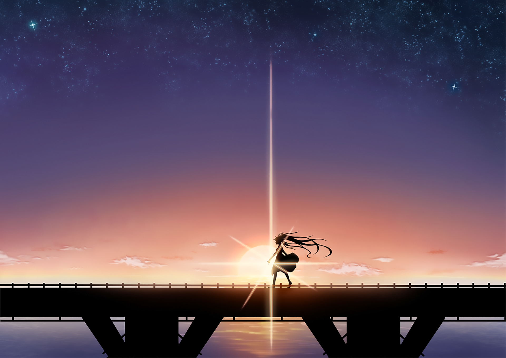 HD PC desktop wallpaper featuring Hatsune Miku from Vocaloid in an anime-style silhouette against a vibrant sunset sky with glowing stars.