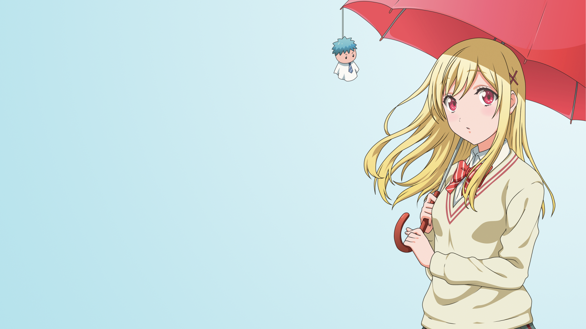 Urara Shiraishi from the anime Yamada-kun and the Seven Witches holds a red umbrella with a small blue-haired figure hanging from it, set against a light blue background.